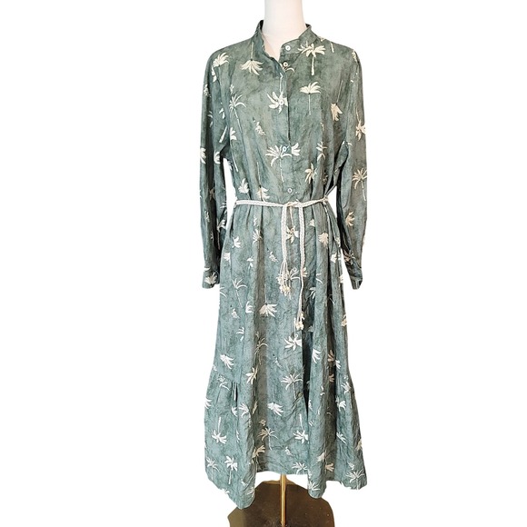 Francesca Bettini Dresses & Skirts - Francesca Bettini Italy Linen Blend Dress Palm Print Maxi Shirt Button Front‎